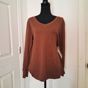 Brown V-Neck Long Sleeve Top